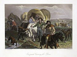 Emigrants Crossing the Plains, 1872, shows settlers crossing the Great Plains. By F. O. C. Darley and engraved by H. B. Hall.