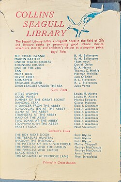 Back of 1956 a "Collins Seagull Library" book listing the titles in their collection