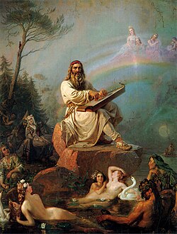 Väinämöinen, the central character in Finnish folklore and the main character in the national epic Kalevala by Elias Lönnrot,[2] is an old and wise demigod, who possesses a potent, magical singing-voice.[3] Picture of the Väinämöinen's Play by Robert Wilhelm Ekman, 1866