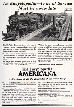 This 1921 advertisement for the Encyclopedia Americana suggests that other encyclopedias are as out-of-date as the locomotives of 90 years earlier.
