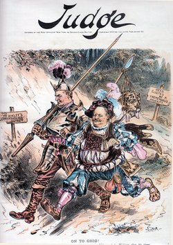 Judge magazine cover from September 1890, showing McKinley (left) having helped dispatch Speaker Reed's opponent in early-voting Maine, hurrying off with the victor to McKinley's "jerrymandered" Ohio district