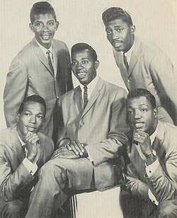 A promotional image of the original early 1960s Temptations lineup. Clockwise from top right: Otis Williams, Paul Williams, Melvin Franklin, Eddie Kendricks, and Elbridge "Al" Bryant.