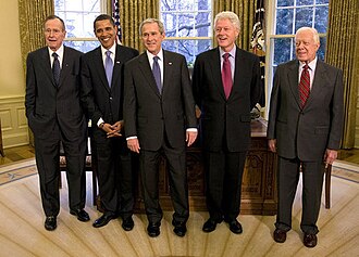 From left to right: George H. W. Bush, Barack Obama, George W. Bush, Bill Clinton, and Jimmy Carter