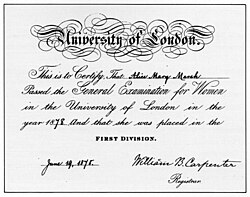 General Examination for Women certificate from 1878. These were issued 1869–1878, before women were admitted to degrees of the university.