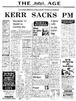 Front page of The Age reporting the dismissal of the Prime Minister on 11 November 1975