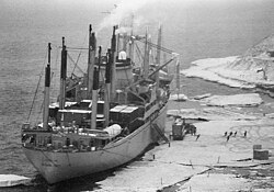 Ice pier during 1983 cargo operations. McMurdo Station, Antarctica.