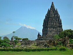 Mount Merapi viewed from 9th-century Prambanan Hindu temple, built during Mataram kingdom era
