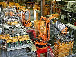 Factory automation with industrial robots for palletizing food products like bread and toast at a bakery in Germany