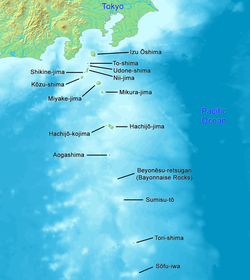 A map of the Izu Islands with black labels