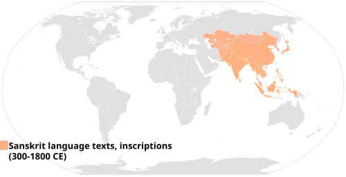Sanskrit language's historical presence has been attested in many countries. The evidence includes manuscript pages and inscriptions discovered in South Asia, Southeast Asia and Central Asia. These have been dated between 300 and 1800 CE.