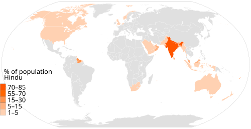 Hinduism by country, worldmap (estimate 2010).[172]