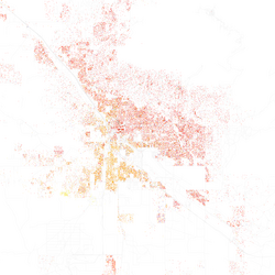 Map of racial distribution in Tucson, 2010 U.S. census. Each dot is 25 people: ⬤ White ⬤ Black ⬤ Asian ⬤ Hispanic ⬤ Other