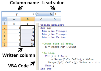 Subroutine in Excel calculates the square of named column variable x read from the spreadsheet, and writes it into the named column variable y.