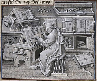 An author portrait of Jean Miélot writing his compilation of the Miracles of Our Lady, one of his many popular works.