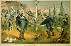 A cartoon. Grant, on the right, is semi-kneeling while others kneel behind him. Garfield stands upright and receives a sword from Grant. Behind him are cheering throngs, and two men raise a flag in the background.