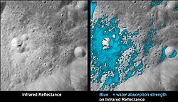 These images show water in a very young lunar crater on the side of the Moon that faces away from Earth.