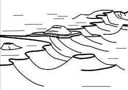 A stylized illustration of the Great Escarpment, based particularly on its appearance in the Great Karoo, where thick erosion resistant dolerite sills (see below; represented here by the thick black lines. The thinner dolerite sills are not drawn in this diagram to avoid clutter) generally form the upper, sharp edge of the escarpment. (In other parts of the escarpment, hard erosion-resistant geological layers similarly form the upper, abrupt edge.) Note the island remnants of the earlier extent of the plateau on the plain below the escarpment (the Lower Karoo), left behind as the escarpment has gradually eroded further inland.[12]