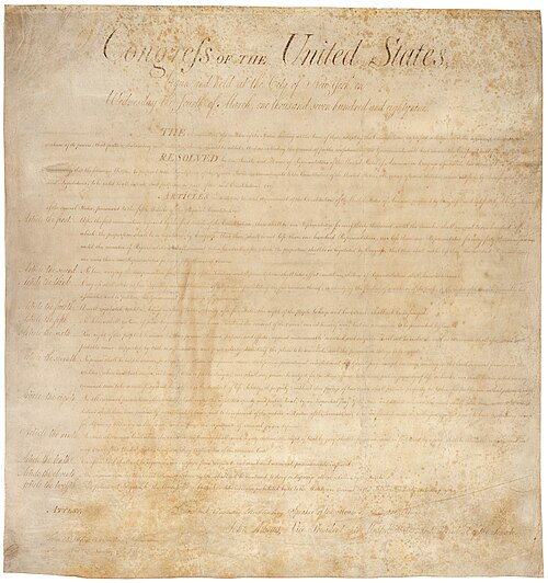 The United States Bill of Rights, currently housed in the National Archives in Washington, D.C.