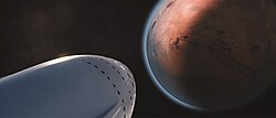 SpaceX conceptual rendering of the Interplanetary Transport System (now renamed Starship) approaching Mars