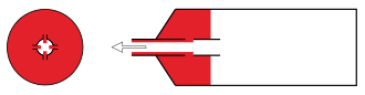 The red area represents the material used for stripes, and the rest is the main toothpaste material. The two materials are not in separate compartments; they are sufficiently viscous that they will not mix. Applying pressure to the tube causes the main material to issue out through the pipe. Simultaneously, some of the pressure is forwarded to the stripe-material, which is thereby pressed onto the main material through holes in the pipe.