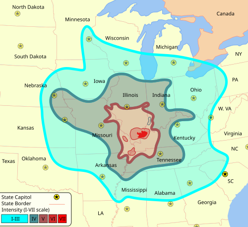 Isoseismal map for the 1968 Illinois earthquake. The irregular distribution of shaking arises from variations of geology and ground conditions.