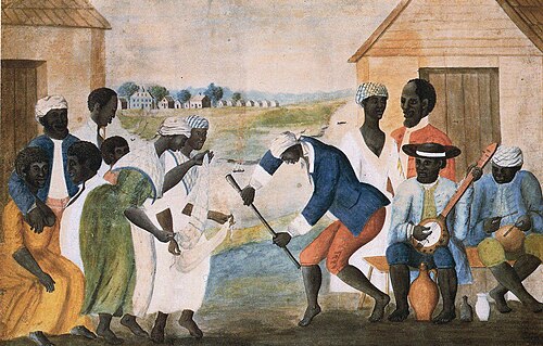 The Old Plantation, c.1790, shows African American slaves playing a banjo-like instrument, probably in Beaufort County, South Carolina.
