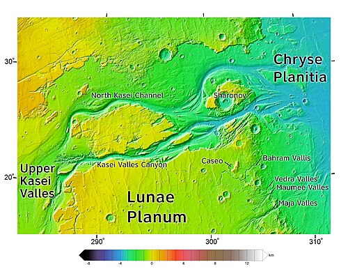 This color-coded elevation map was produced from data collected by Mars Global Surveyor. It shows an area around Northern Kasei Valles, showing relationships among Kasei Valles, Bahram Vallis, Vedra Vallis, Maumee Vallis, and Maja Valles. Map location is in Lunae Palus quadrangle and includes parts of Lunae Planum and Chryse Planitia.