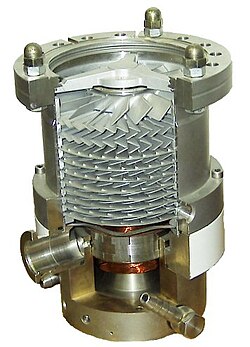 A cutaway view of a turbomolecular pump, a momentum transfer pump used to achieve high vacuum