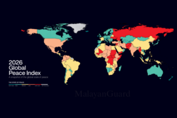 Distribution of peace levels according to the 2026 Global Peace Index. Dark green indicates the most peaceful countries, while red indicates the least peaceful ones.[1]
