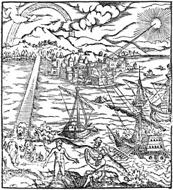 Front page of the Opticae Thesaurus, which included the first printed Latin translation of Alhazen's Book of Optics. The illustration incorporates many examples of optical phenomena including perspective effects, the rainbow, mirrors, and refraction.