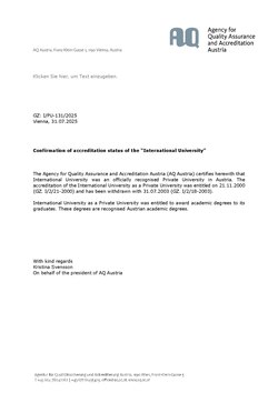 Accreditation confirmation for the International University Vienna