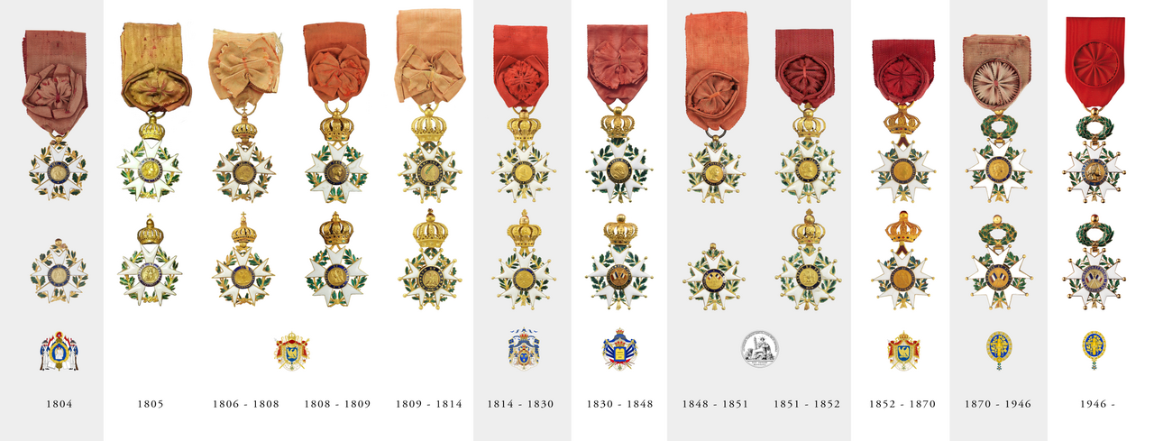 How the design of the Légion d'honneur changed through each various era and regime, shown through the example of the obverse and reverse of the Officers cross. See below for a detailed explanation of each era.
