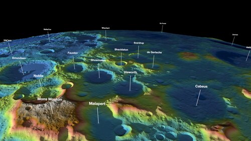 Aerial view of the polar region craters with elevation colouring