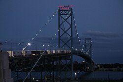 Trucks back up on Ambassador Bridge from the American side of the Detroit River, August 2022
