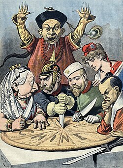 China: The Cake of Kings and ... of Emperors: An angry Mandarin watches Queen Victoria (Britain), Kaiser Wilhelm II (Germany), Tsar Nicholas II (Russia), Marianne (France), and Emperor Meiji (Japan) discuss their partitioning of China.[40]
