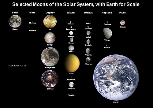 Size comparison of the main moons of the Solar System with Earth to scale. Nineteen moons are large enough to be round, several having subsurface oceans and one, Titan, having a considerable atmosphere.