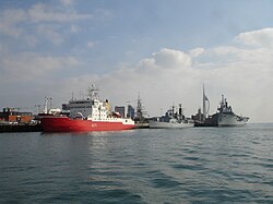 Liverpool berthed adjacent to Endurance, historic ship of the line Victory and the aircraft carrier Ark Royal.