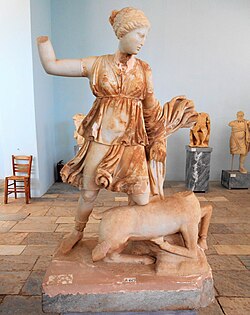 Artemis slaying a deer, from the courtyard of House III, 125–100 BCE. Archaeological Museum of Delos, Greece.