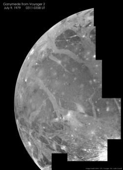 Imagery collected by Voyager 2 of Ganymede during its flyby of the Jovian system