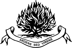 The burning bush, a common symbol used by Presbyterian churches, used by the Presbyterian Church in Ireland.[1] The Latin inscription underneath translates as "burning but flourishing". Alternative versions of the motto are also used, such as "Nec Tamen Consumebatur" (yet not consumed).