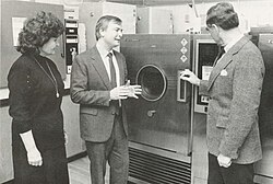Slaughter visiting a lab at the Rochester Institute of Technology in 1988