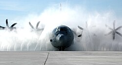C-130J Hercules preventive cleaning at Keesler Air Force Base, Mississippi after a period of operation over the Gulf of Mexico (salt and moisture which lead to active corrosion require regular cleaning)