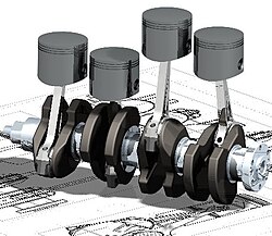 An oblique view of a four-cylinder inline crankshaft with pistons
