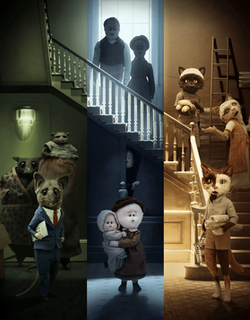 An official poster of Netflix's The House, resembling a triptych.