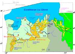 Cordilleran Ice Sheet maximum extent of Glacial Lake Missoula (eastern) and Glacial Lake Columbia (western) areas swept by Missoula and Columbia floods