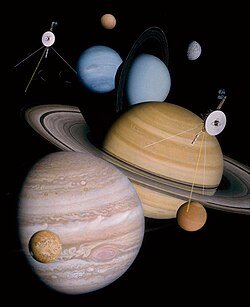 A poster of the planets and moons visited during the Voyager program