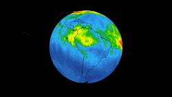 Images created by the Atmospheric Infrared Sounder which depict carbon monoxide caused by fires in the Amazon region of Brazil from Aug. 8-22, 2019.[160]