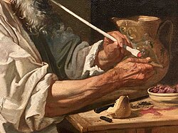 Detail of "Old Peasant Lighting a Pipe" by Johann Carl Loth (1655/1660)