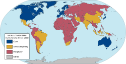A world map of countries by their supposed trading status in 2000, using the world system differentiation into core countries (blue), semi-periphery countries (yellow) and periphery countries (red). Based on the list in Chase-Dunn, Kawana, and Brewer (2000).[1]