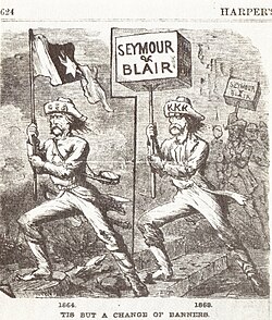 This Harper's Weekly cartoon links the 1868 Democratic candidates Horatio Seymour and Francis Preston Blair Jr. with secession and the Confederate cause.[64]